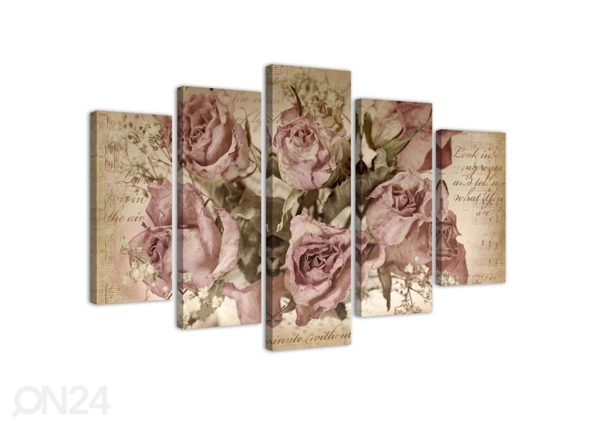 Viieosaline seinapilt Roses and sheet music 100x70 cm suurendatud