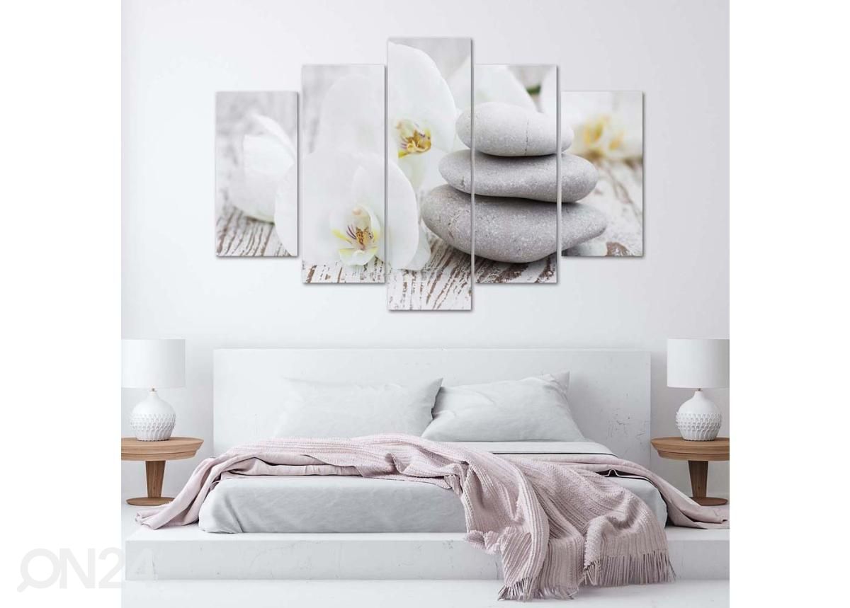 Viieosaline seinapilt White zen orchid and stones 100x70 cm suurendatud