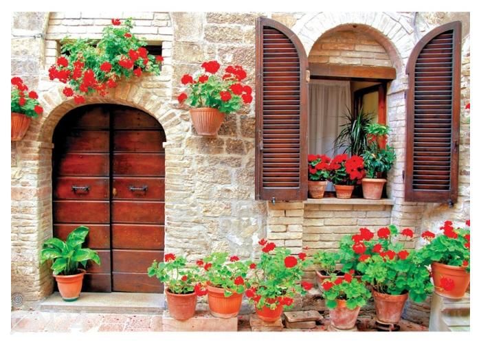 Fliis fototapeet Italian House with Colorful Potted Flowers 368x254 cm suurendatud
