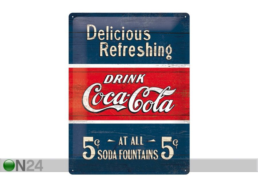 Retro metallposter Coca-Cola 5c Delicious Refreshing 30x40cm suurendatud