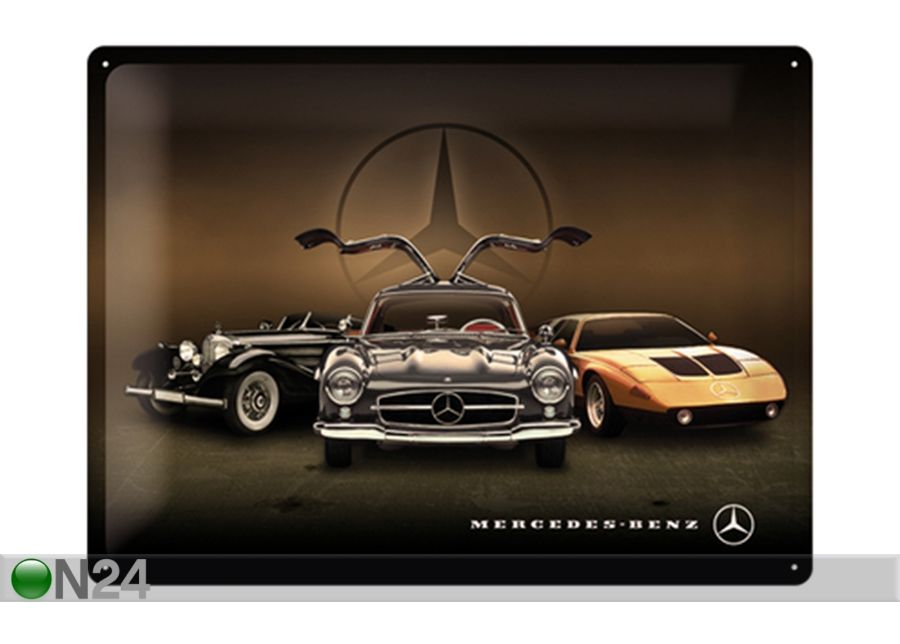Retro metallposter Mercedes-Benz kolm autot 30x40 cm suurendatud