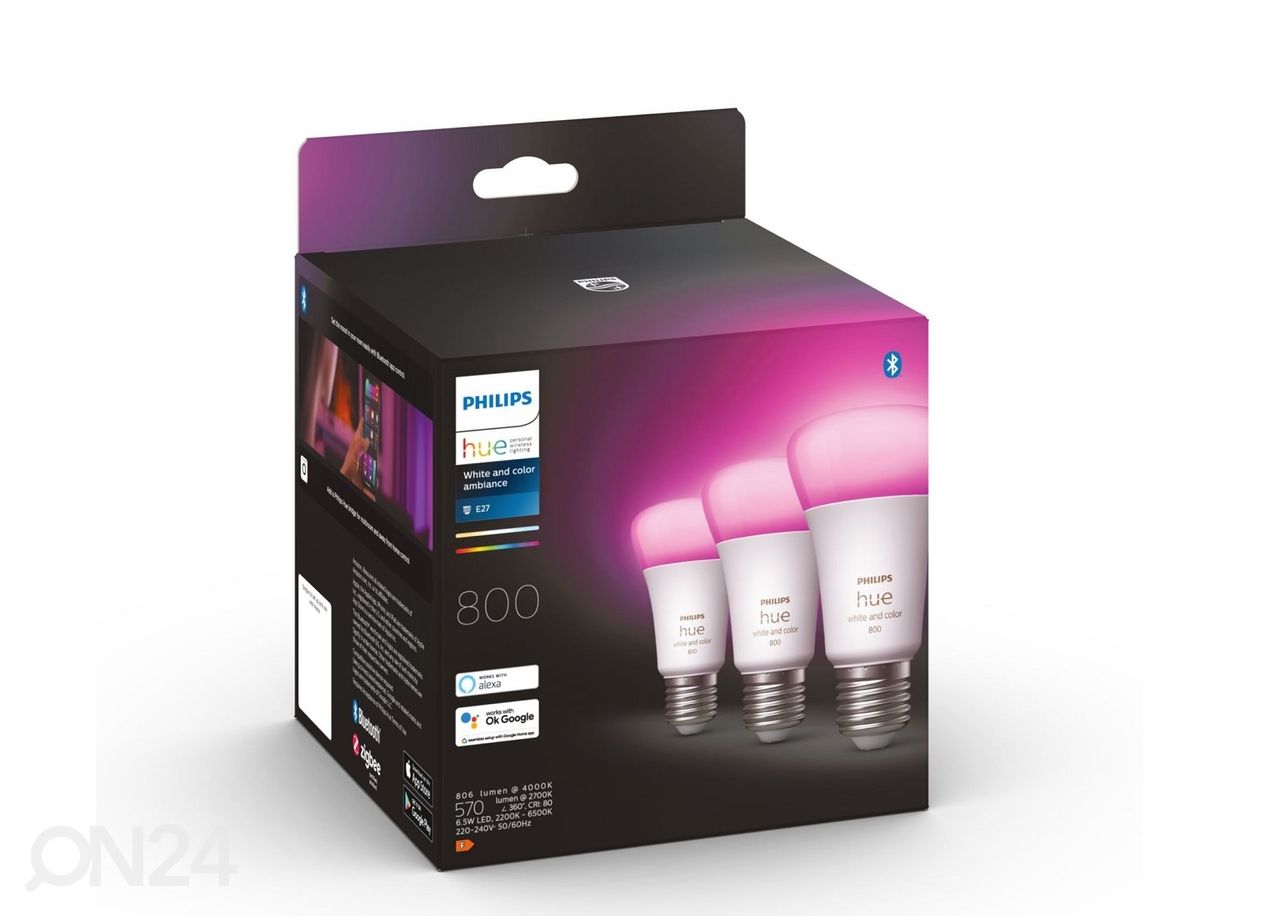 Hue White and Color ambiance elektripirnid 6,5 W E27 A60 kolmene pakk suurendatud