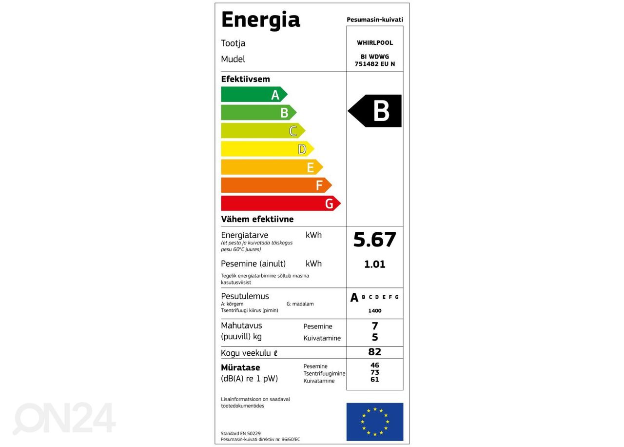 Integreeritav kuivatiga pesumasin Whirlpool BIWDWG751482 suurendatud