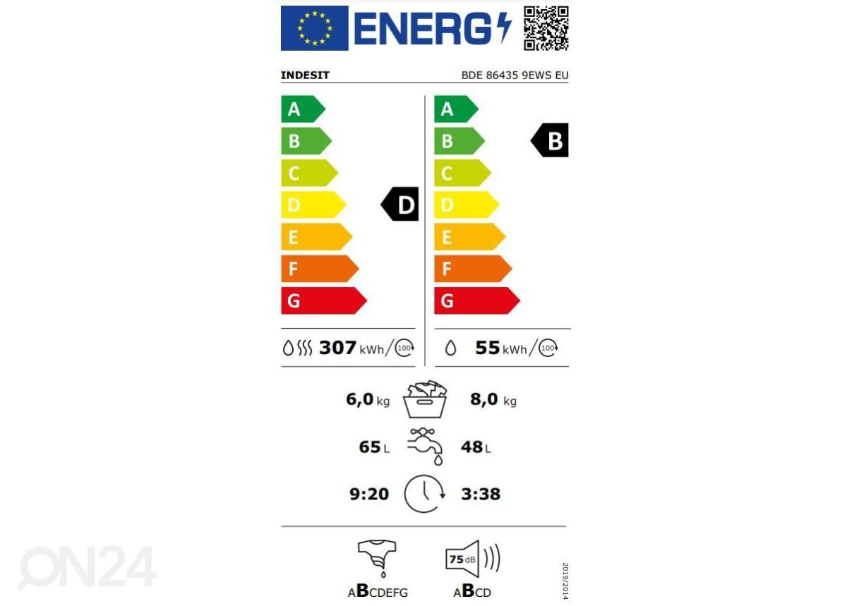 Kuivatiga pesumasin Indesit BDE864359EWSEU suurendatud