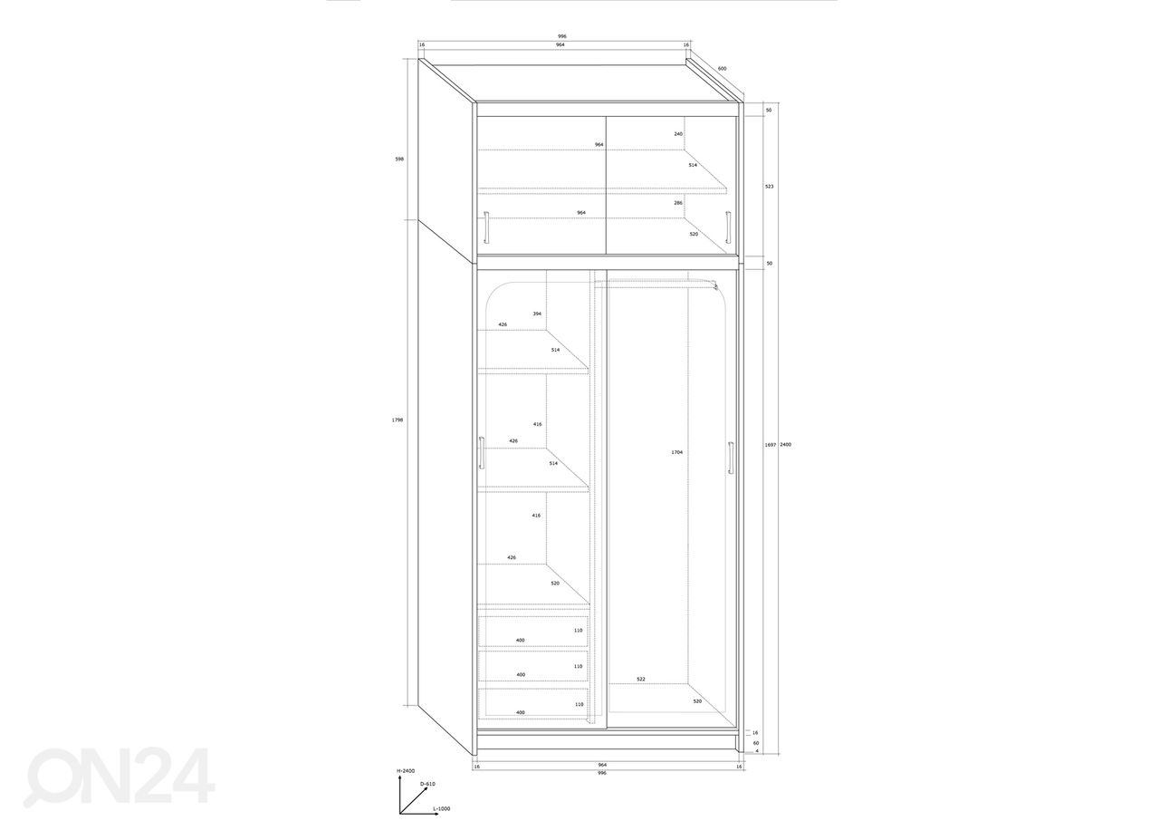 Lükandustega Court riidekapp 100 cm suurendatud