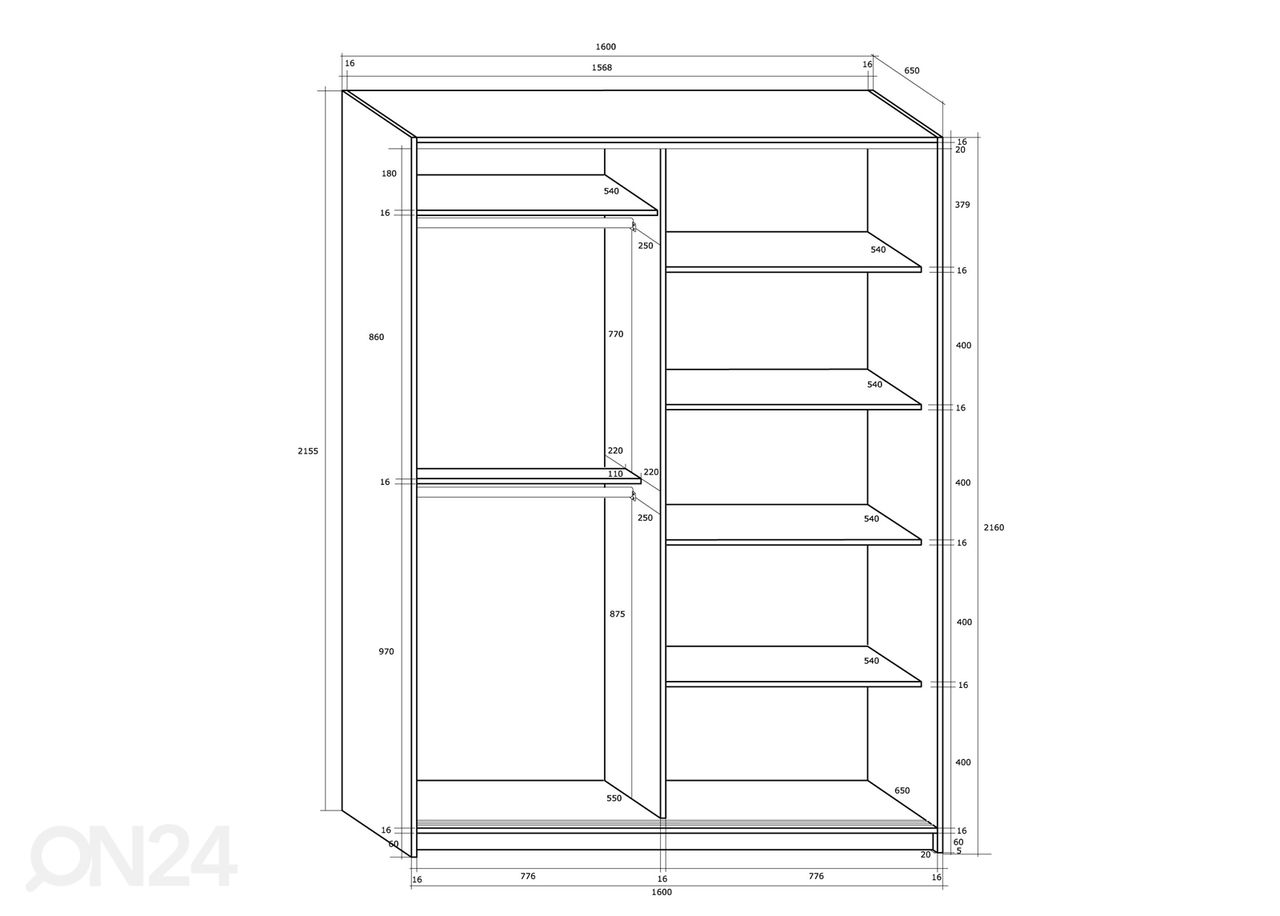 Lükandustega riidekapp 160 cm suurendatud