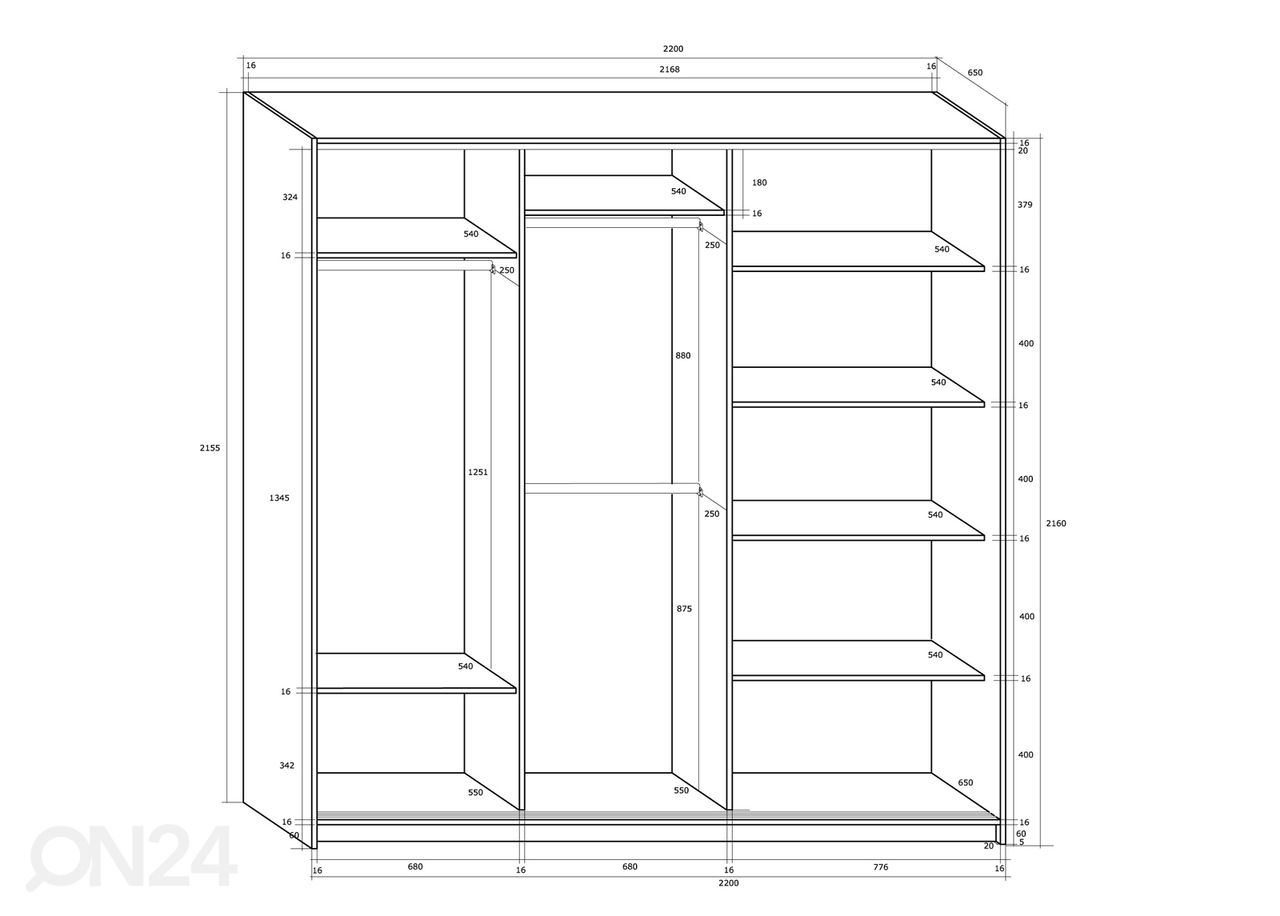 Lükandustega riidekapp 220 cm suurendatud