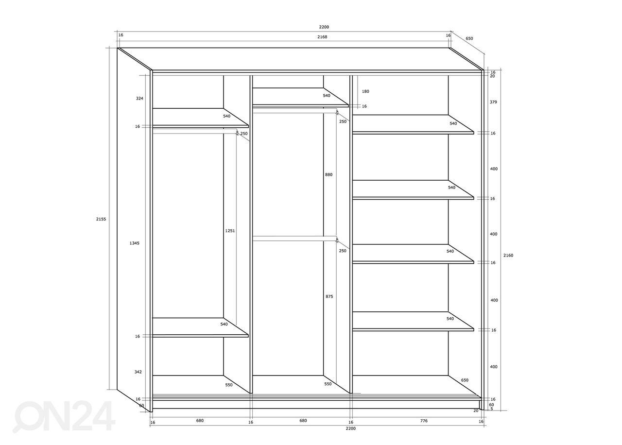 Lükandustega riidekapp Durrus 220 cm suurendatud