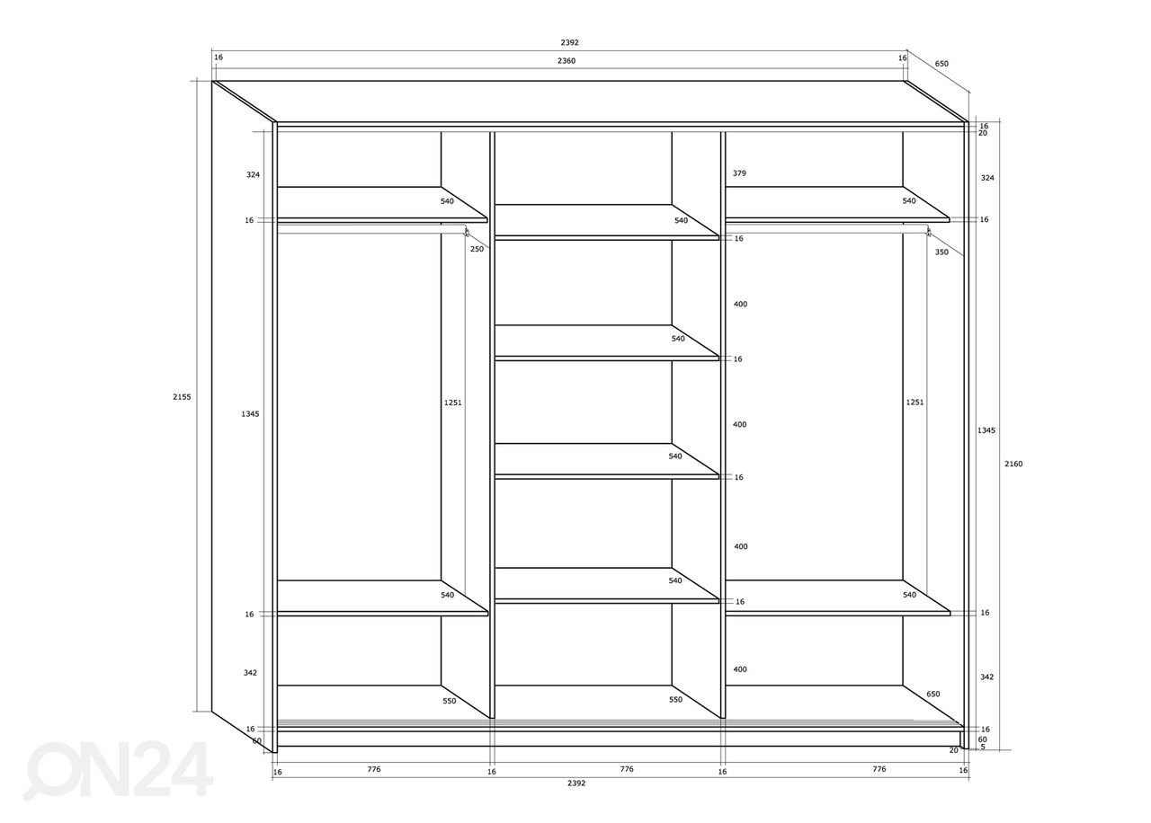 Lükandustega riidekapp Durrus 240 cm suurendatud