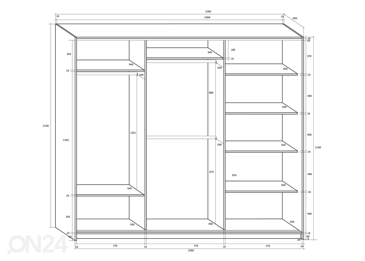 Lükandustega riidekapp Durrus 240 cm suurendatud