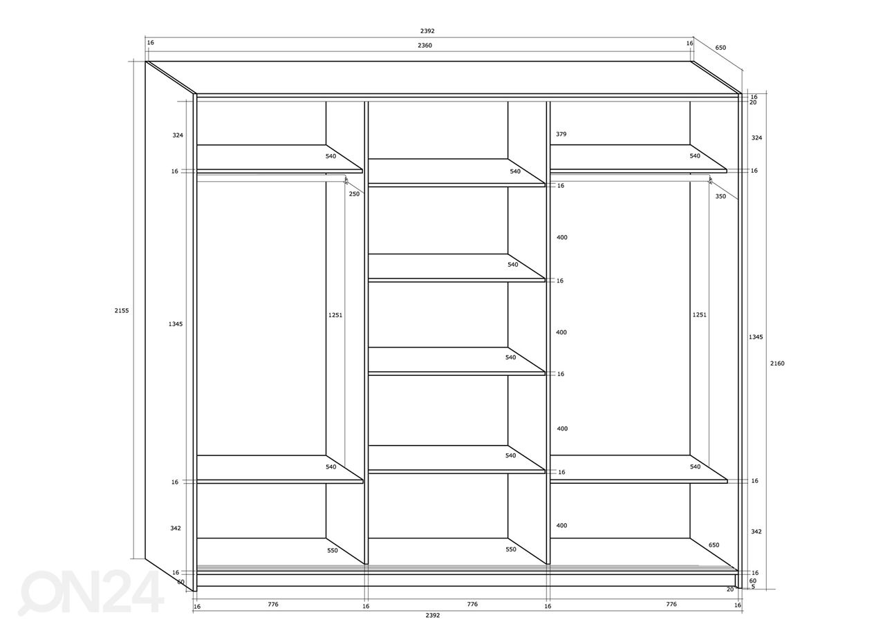 Lükandustega riidekapp Durrus II 240 cm suurendatud