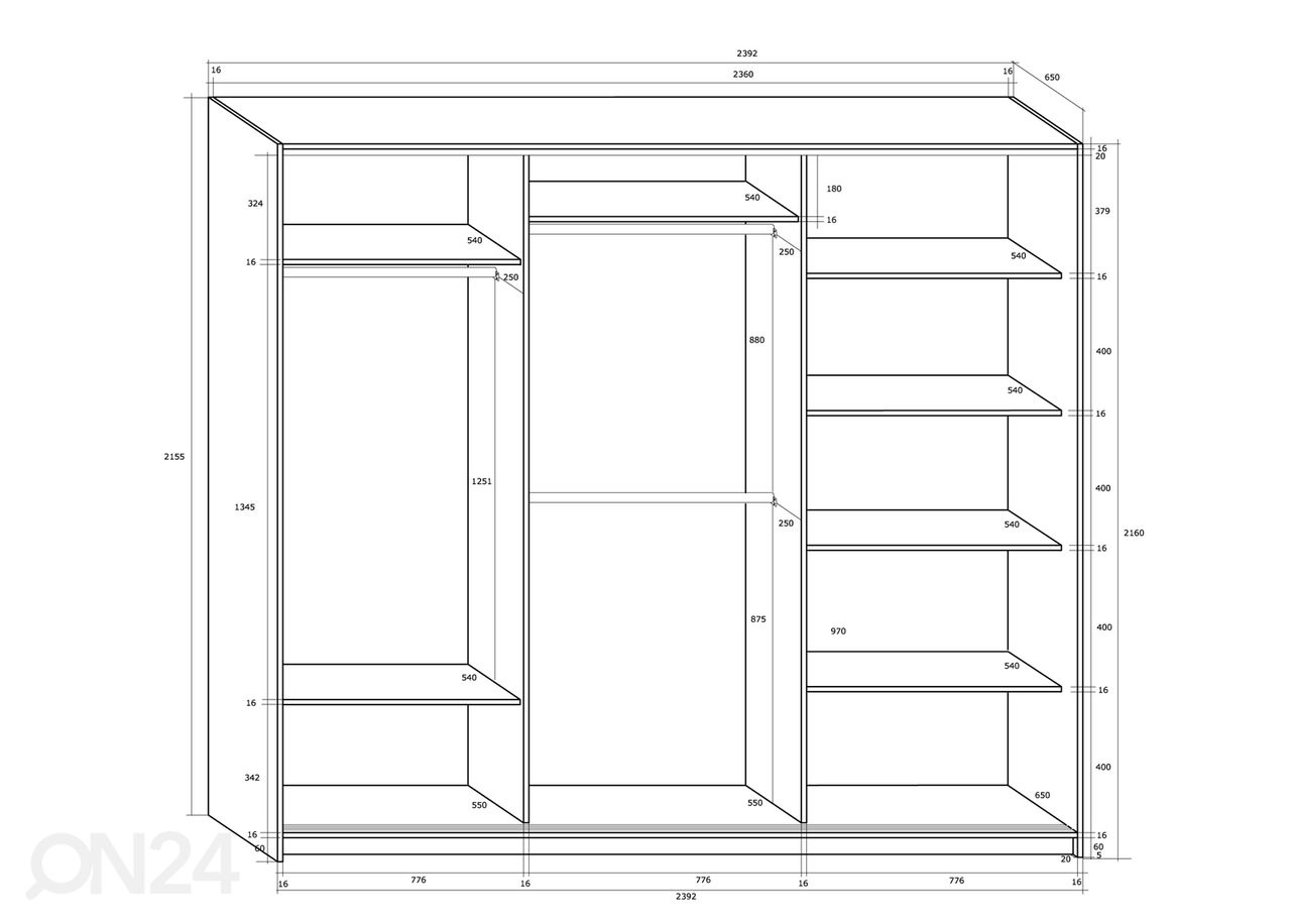 Lükandustega riidekapp Durrus II 240 cm suurendatud