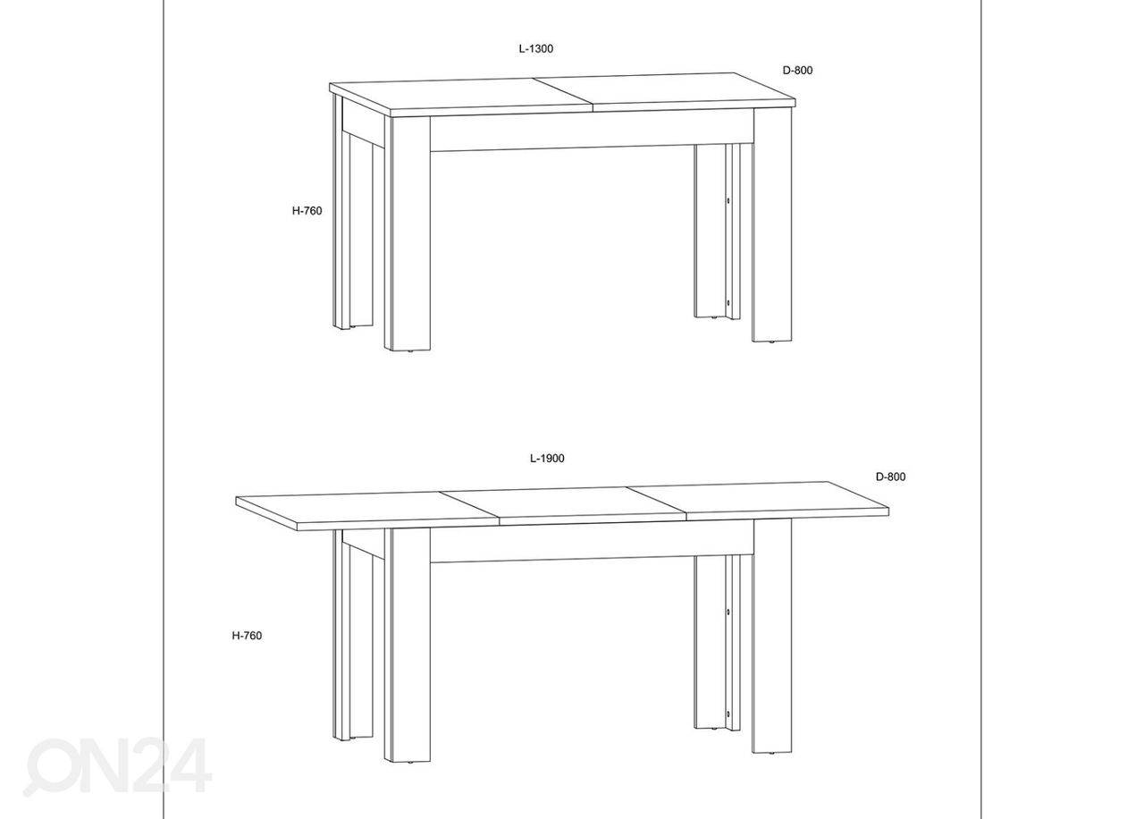 Pikendatav söögilaud Goleen 130-190x80 cm suurendatud