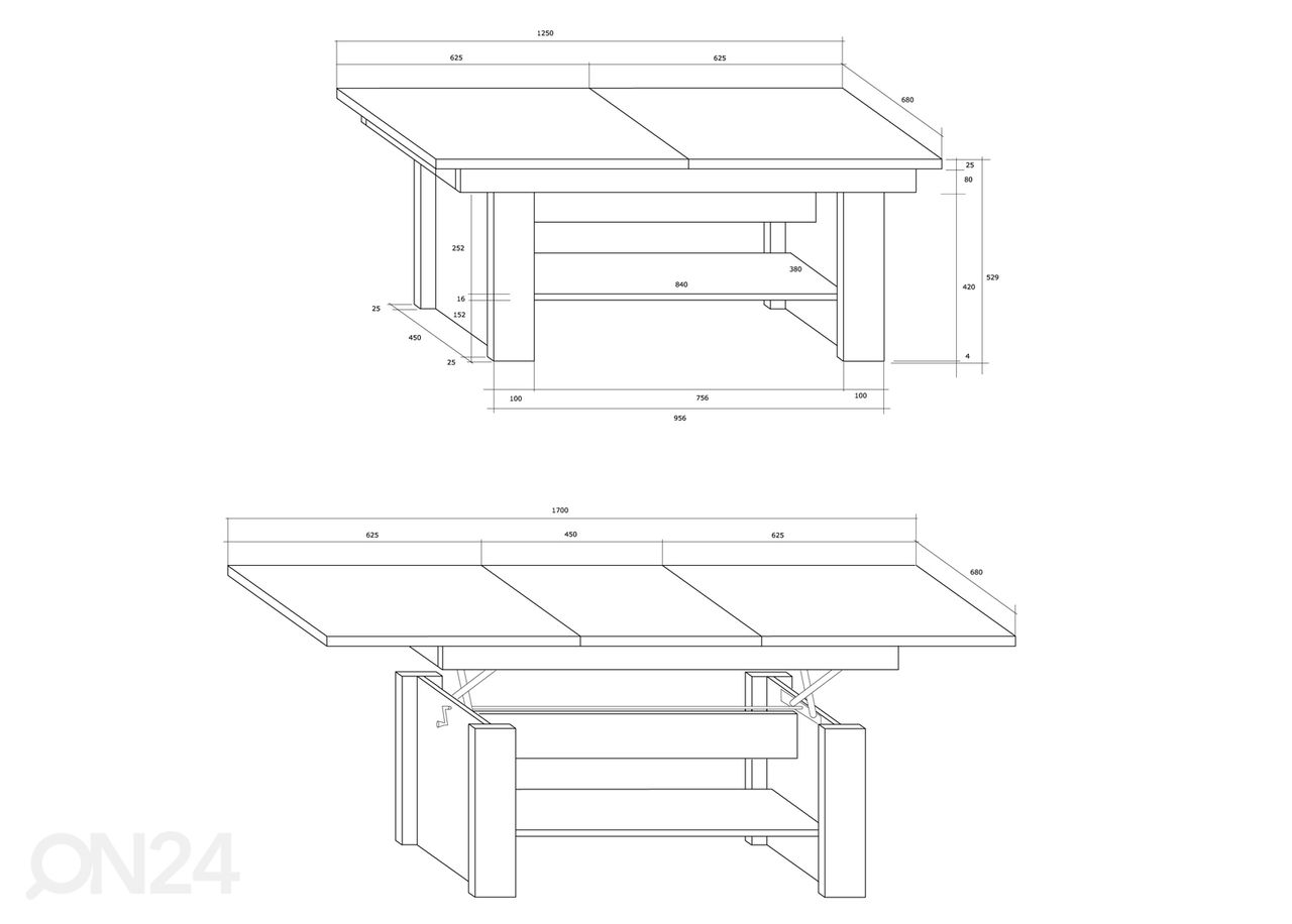 Reguleeritav diivanilaud Skib 125/170x68 cm suurendatud