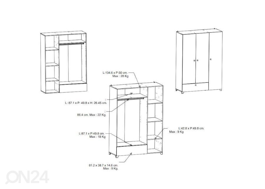 Riidekapp Izzy 135 cm suurendatud