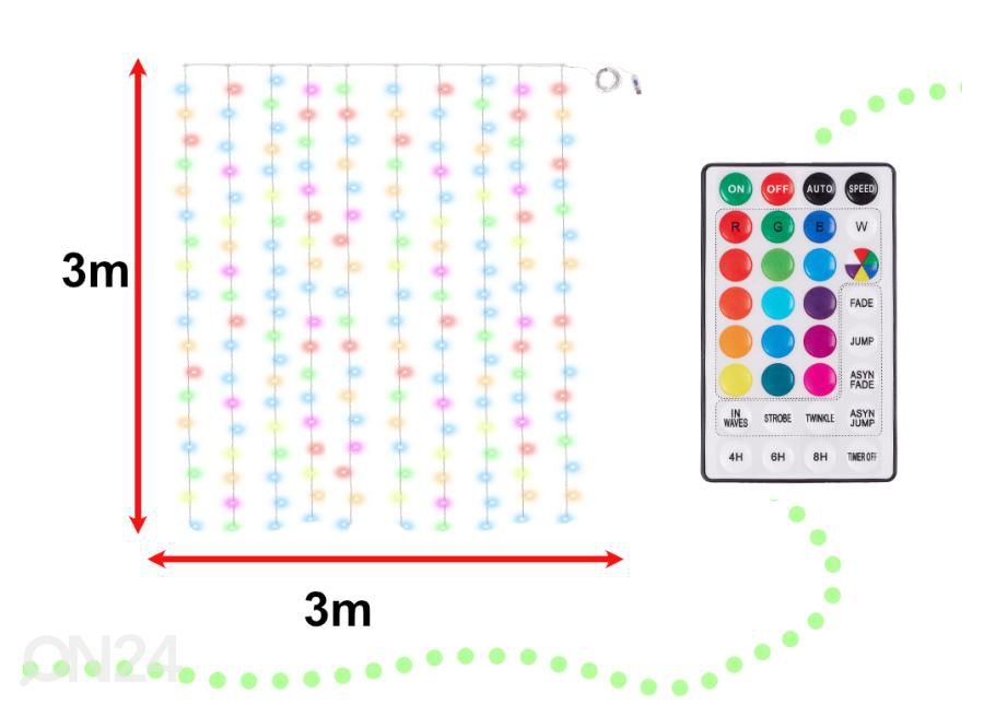 Valguskardin LED tuled 3x3m 200LED USB + pult 16 värvi mäluga suurendatud