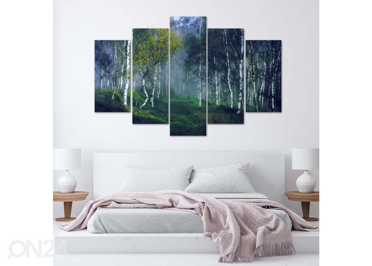 Viieosaline seinapilt Birch trees in the fog 100x70 cm suurendatud