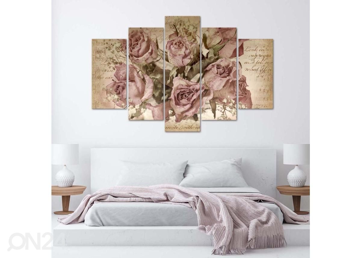 Viieosaline seinapilt Roses and sheet music 200x100 cm suurendatud