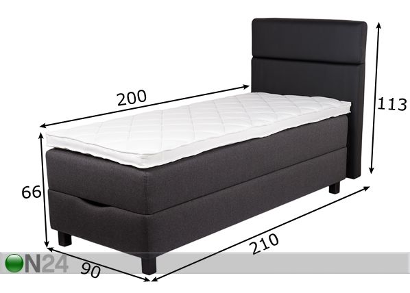 Hypnos pesukastiga voodi Athena 90x200 cm + pneumo mehhanism mõõdud