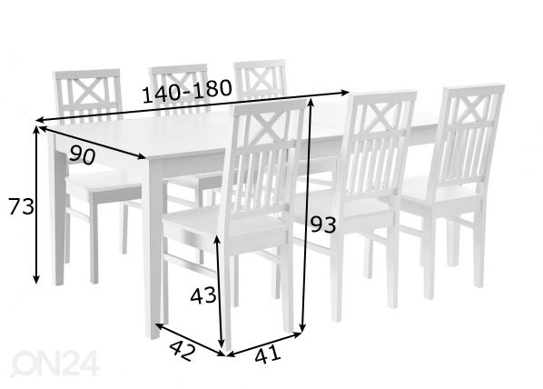 Kasepuidust söögitoakomplekt Florence laud 140-180x90 cm + 6 tooli, valge mõõdud