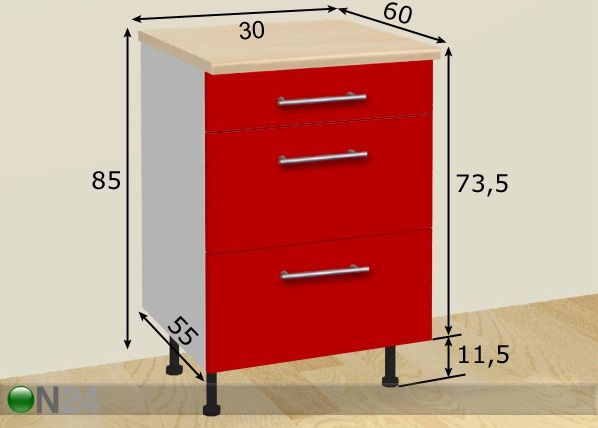 Kolme sahtliga köögikapp 30 cm mõõdud