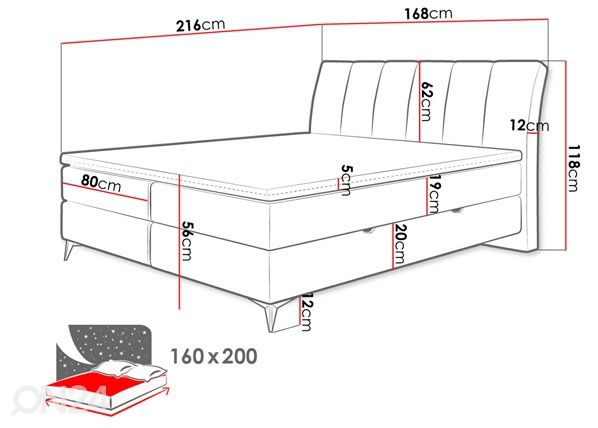 Kontinentaalvoodi pesukastiga Ottawa 160x200 cm mõõdud