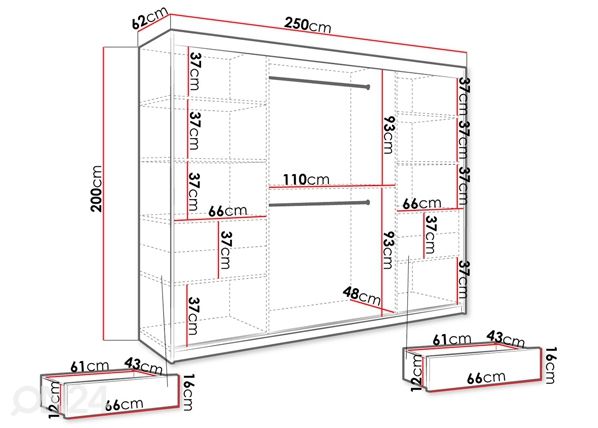 Lükandustega riidekapp 250 cm mõõdud