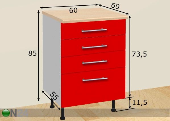 Nelja sahtliga köögikapp 60 cm mõõdud