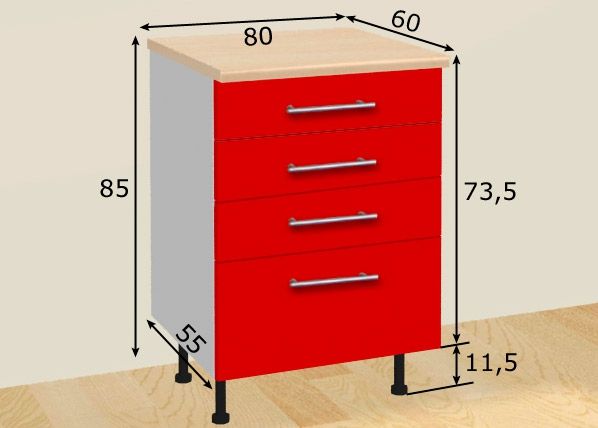 Nelja sahtliga köögikapp 80 cm mõõdud