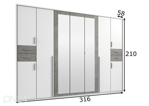 Riidekapp Vegas 313 cm + raam mõõdud