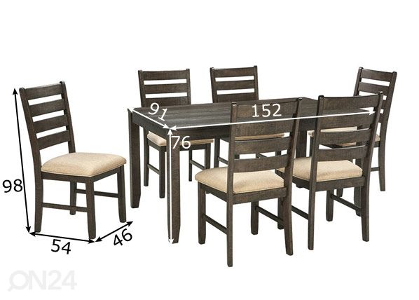 Söögilaud + 6 tooli mõõdud