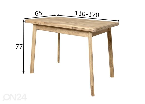 Tammepuidust pikendatav söögilaud Mini1 110-170x65 cm, valge õli mõõdud