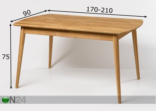 Tammepuidust pikendatav söögilaud Scan 170-210x90 cm mõõdud