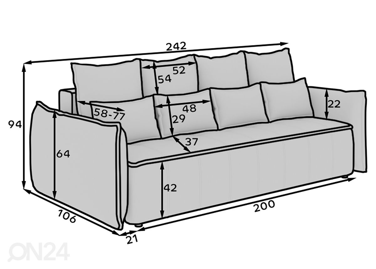 Diivanvoodi Como 242 cm suurendatud mõõdud