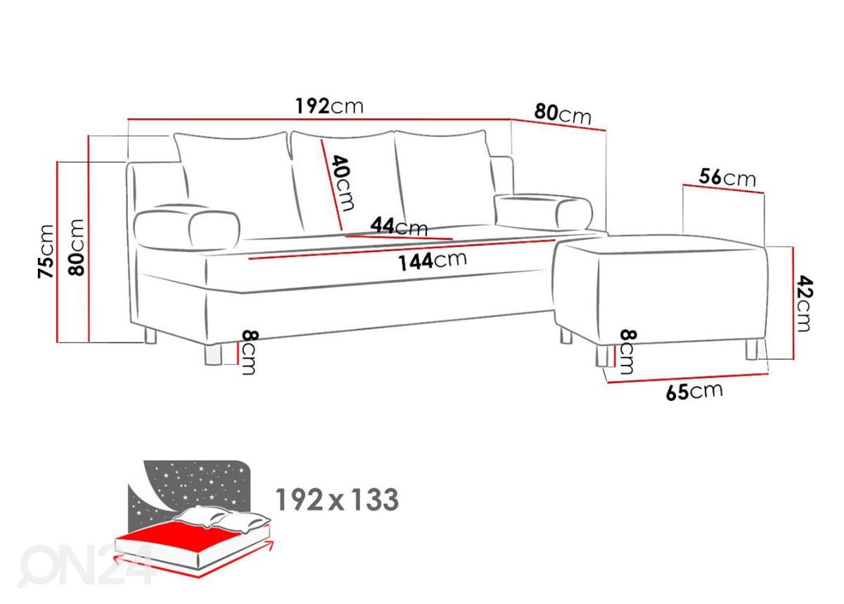 Diivanvoodi + tumba suurendatud mõõdud