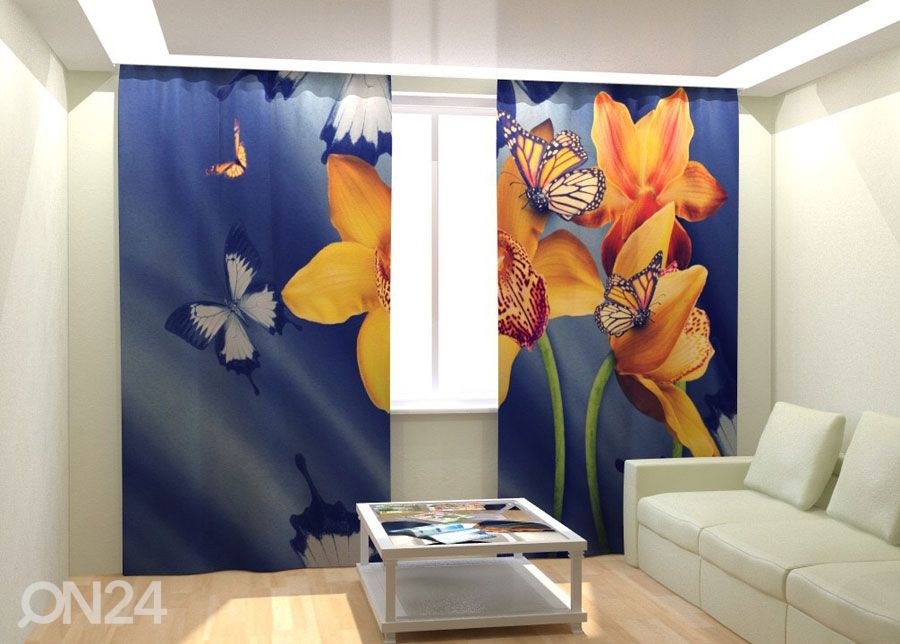 Fotokardinad Yellow Orchids and Butterflies 300x260 cm suurendatud