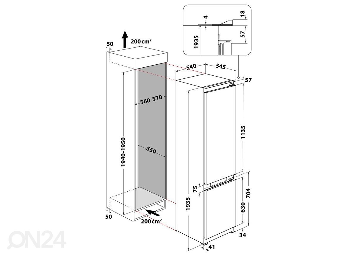 Integreeritav külmik Whirlpool WHC20T573 suurendatud mõõdud