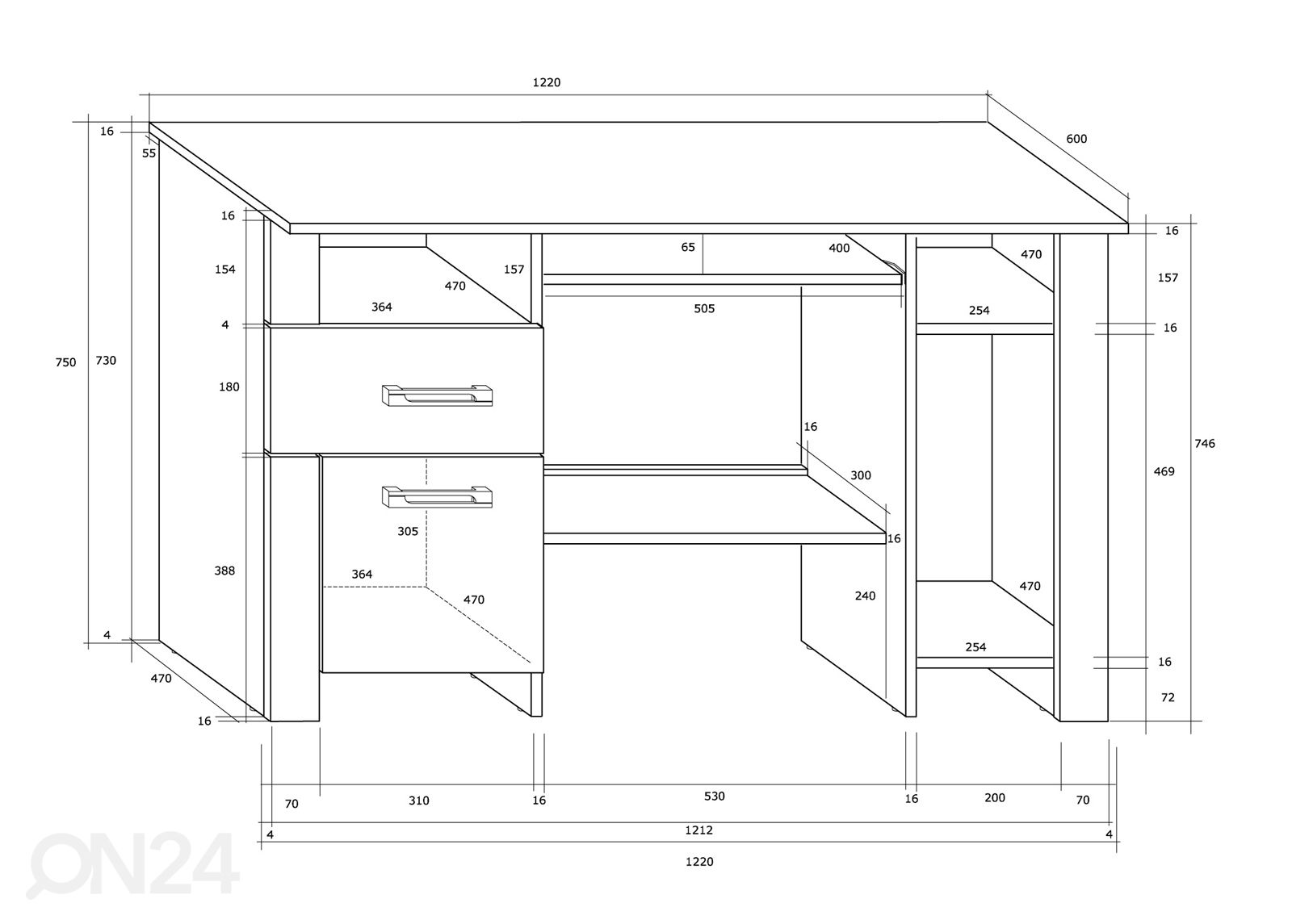 Kirjutuslaud Midleton 122 cm suurendatud mõõdud