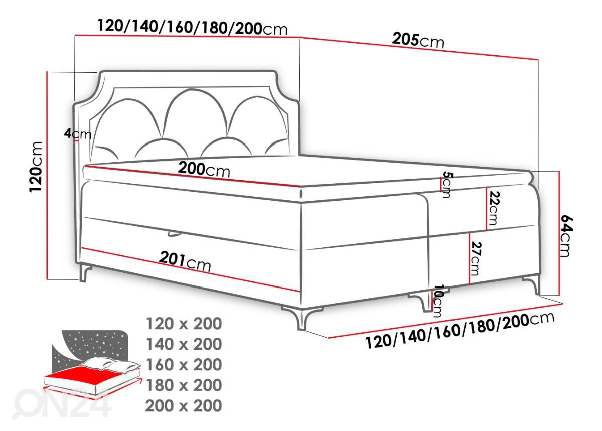 Kontinentaalvoodi 200x200 cm suurendatud mõõdud