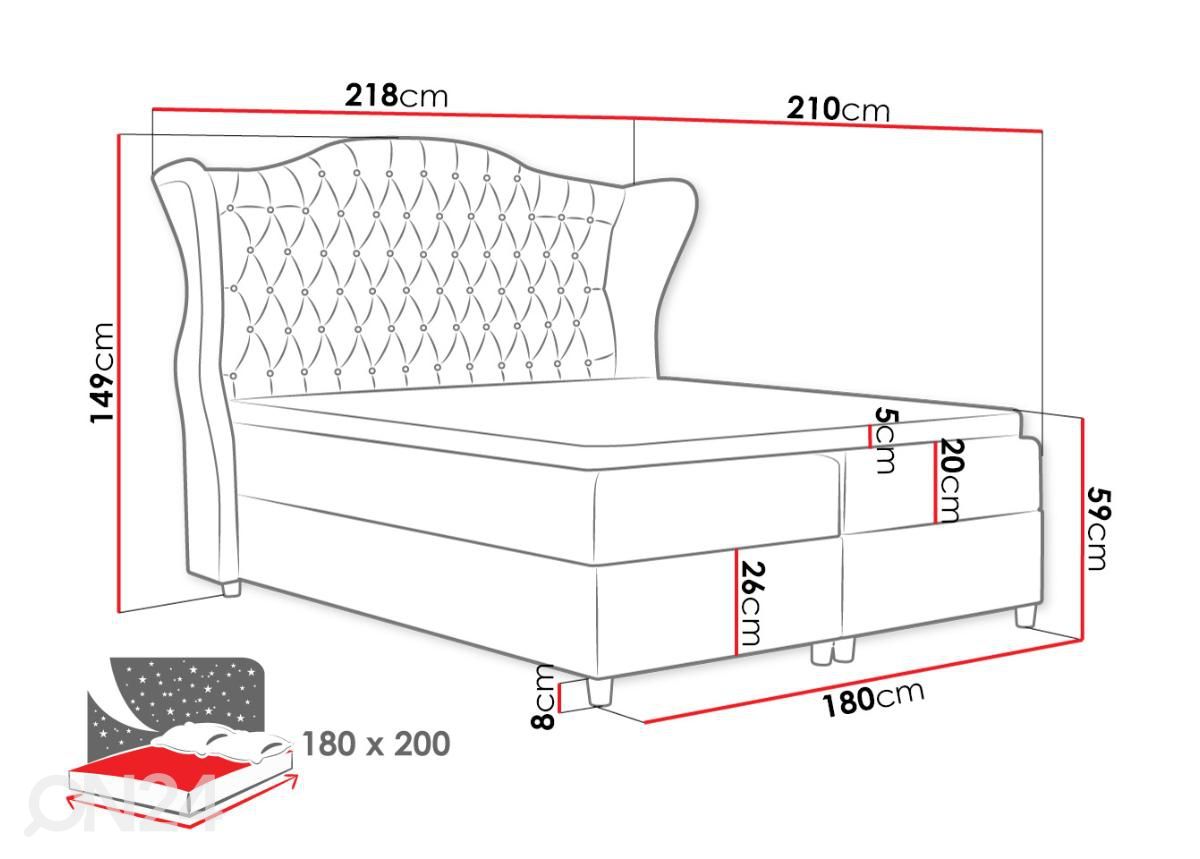 Kontinentaalvoodi Arkansas 180x200 cm suurendatud mõõdud