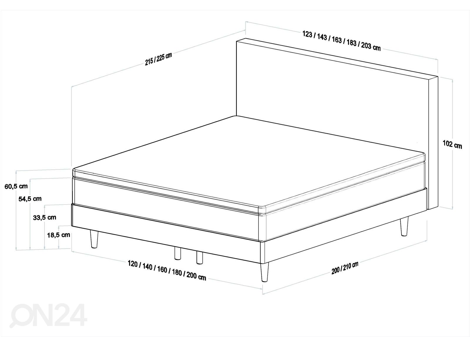 Kontinentaalvoodi Fellin 120x210 cm suurendatud mõõdud