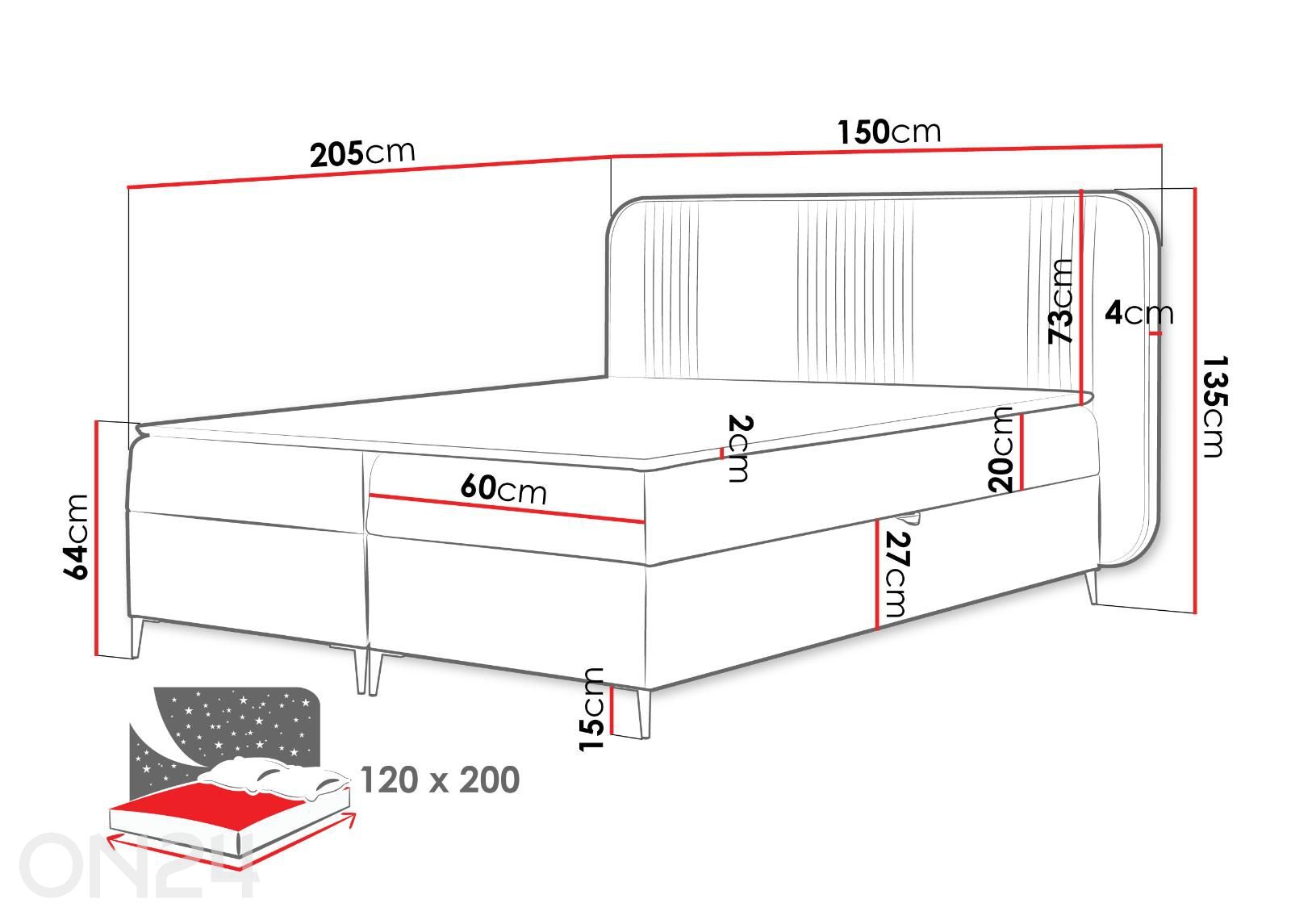 Kontinentaalvoodi Fly 120x200 cm suurendatud mõõdud