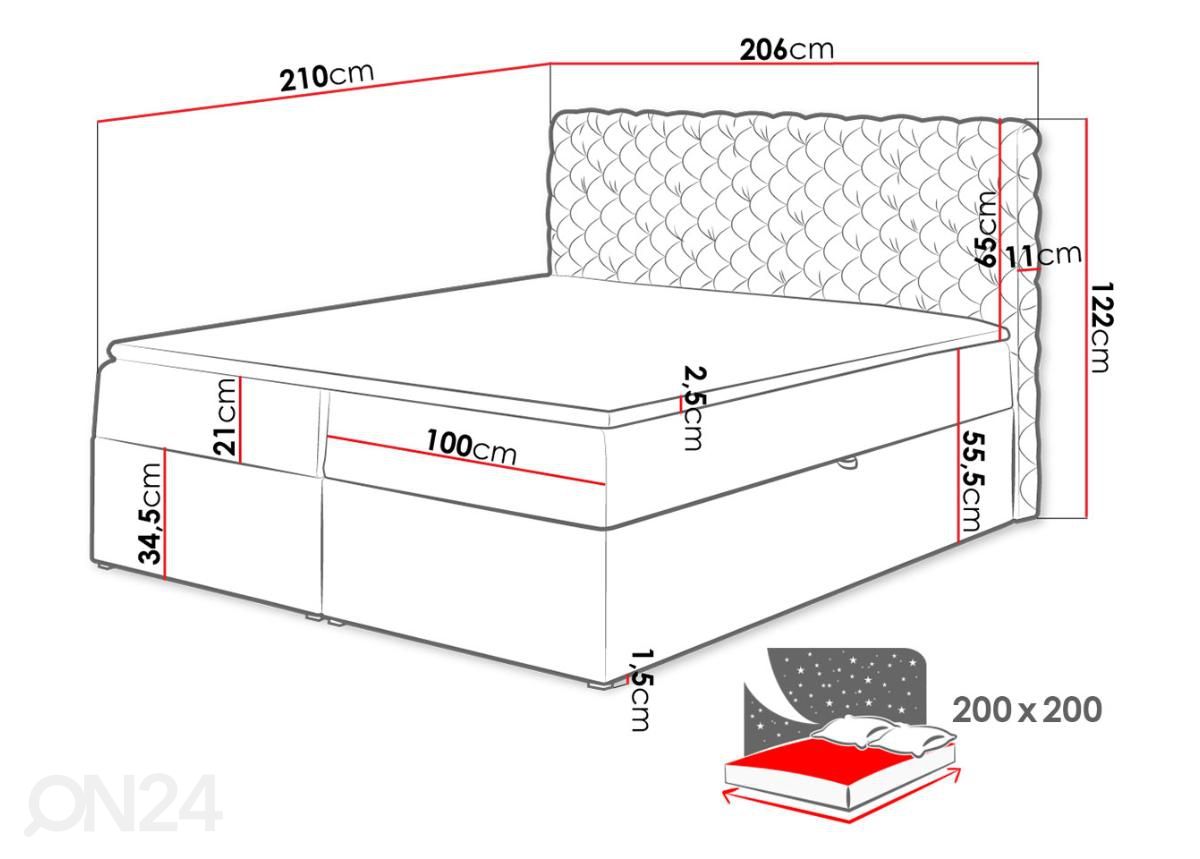 Kontinentaalvoodi Maryland 200x200 cm suurendatud mõõdud