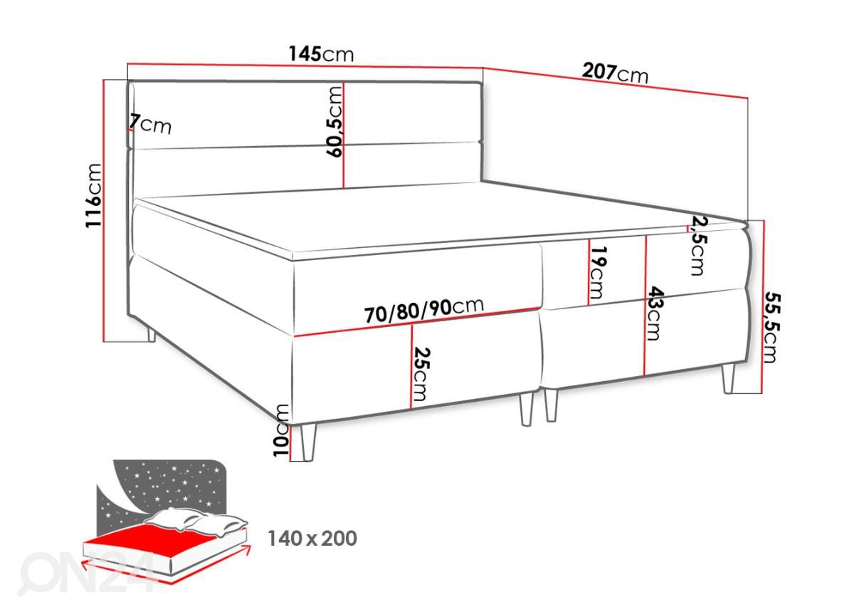 Kontinentaalvoodi pesukastiga Indiana 140x200 cm suurendatud mõõdud