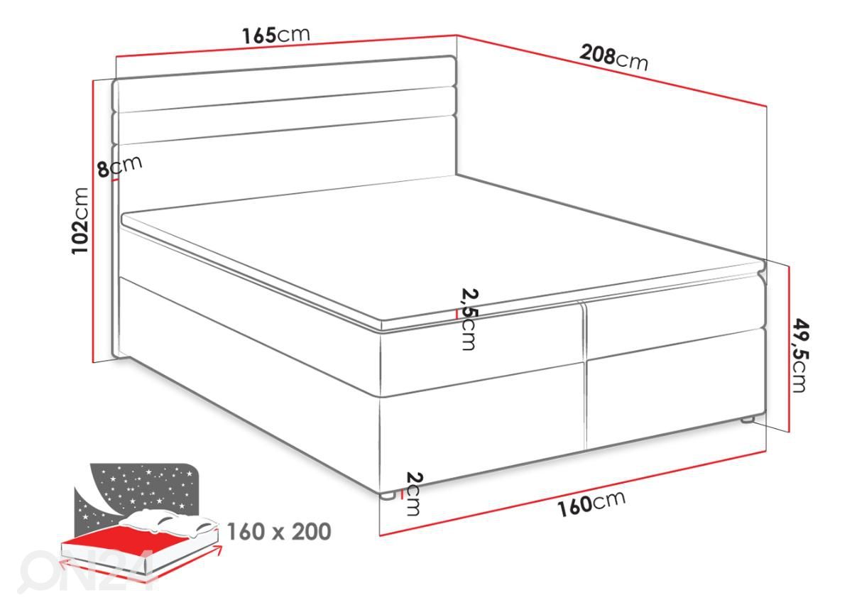 Kontinentaalvoodi Rochester 160x200 cm suurendatud mõõdud