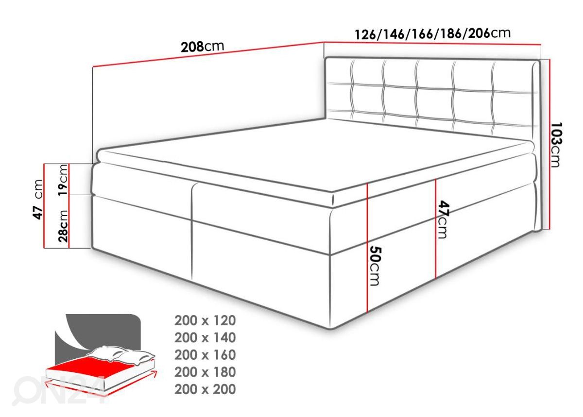 Kontinentaalvoodi Texas 200x200 cm suurendatud mõõdud