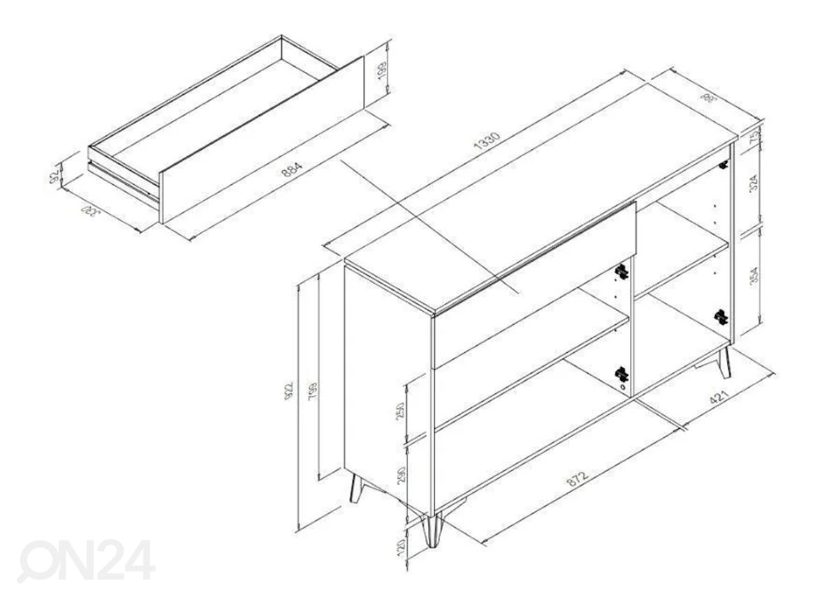 Kummut Bertrix 133 cm suurendatud mõõdud