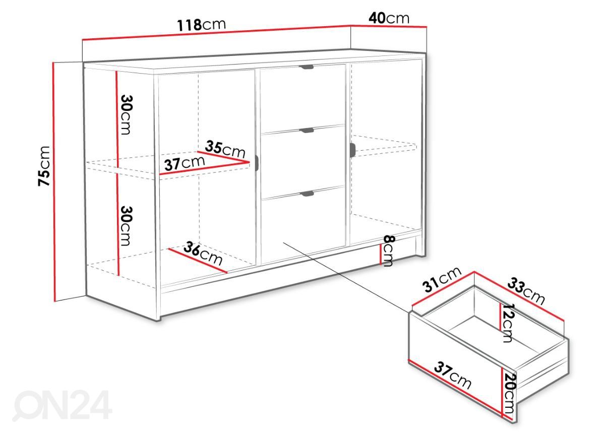 Kummut Tireno 118 cm suurendatud mõõdud