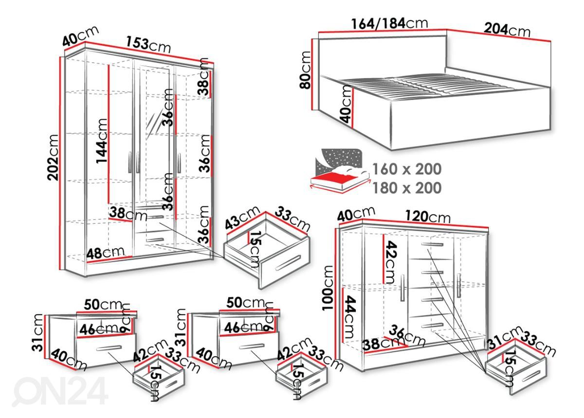 Magamistoakomplekt Tokyo 180x200 cm suurendatud mõõdud