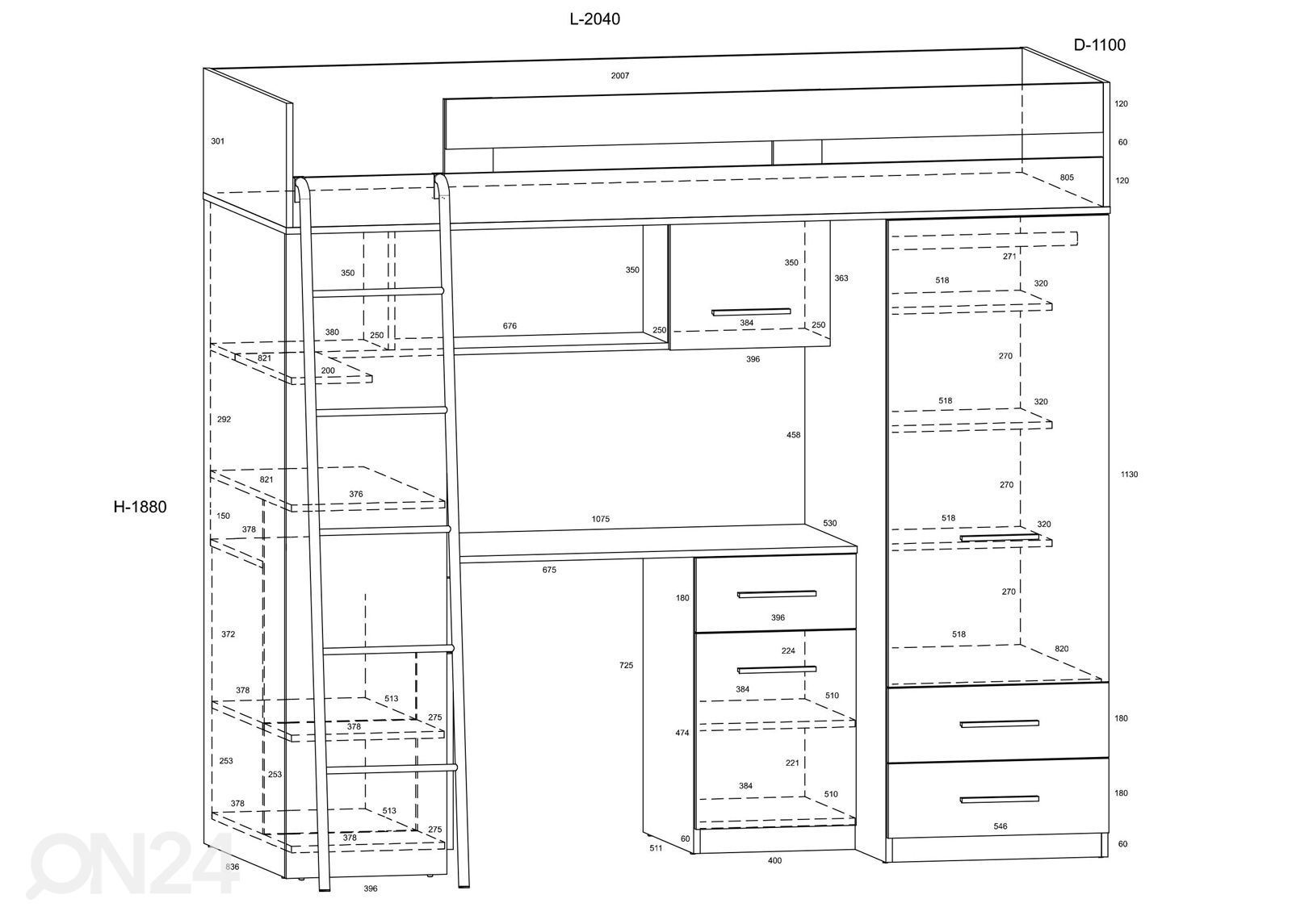 Narivoodi lauaga 80x200 cm suurendatud mõõdud